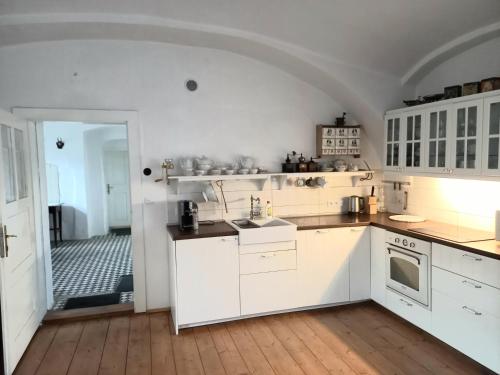 KojeticeHistoric Farmhouse Kojetice的厨房铺有木地板,配有白色橱柜。