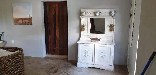 内尔斯普雷特Leopard Tree Retreat的客房内的白色橱柜和镜子