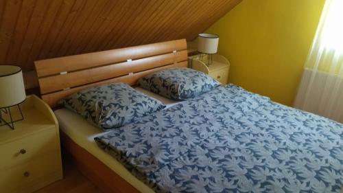 鲁容贝罗克Dovolenkovy dom的一张带蓝色棉被和两个枕头的床