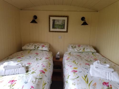 巴拉Rhydydefaid Cwt Clyd - Cosy Hut的小客房内的两张床和毛巾