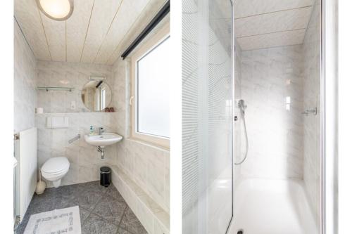 托尔恩B&B De Goede Tijd的带淋浴、盥洗盆和卫生间的浴室