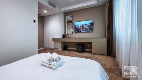 布加勒斯特DAVID'S RENTAL ROOMs的酒店客房设有一张床和墙上的电视