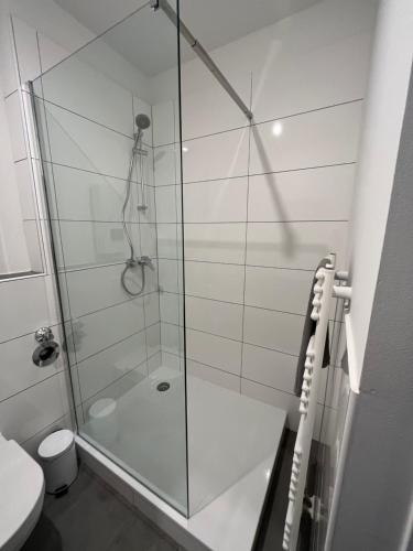 哈根Monteur Wohnung的浴室里设有玻璃门淋浴