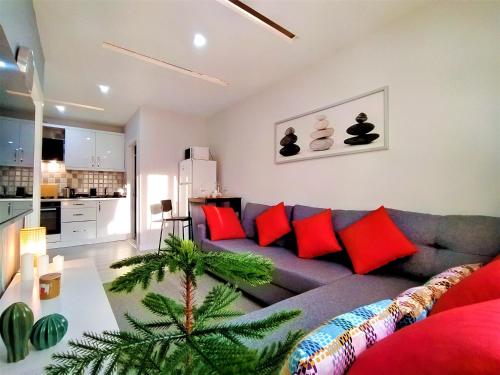 安塔利亚Central and Fully Furnished Flat in Muratpasa的客厅配有灰色沙发和红色枕头