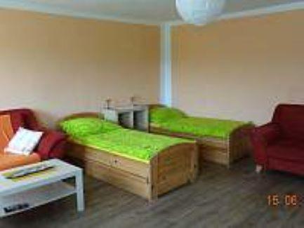 泰尔奇Chalupa Pod lesem的客厅配有两张绿色的床和一张桌子