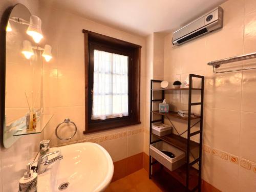 利亚沃尔西Apartament Les 3 Valls的一间带水槽和镜子的浴室以及窗户。