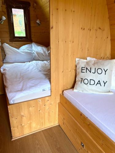 塞博登Gold Camping Seeboden的配有窗户的小木屋内的两张床