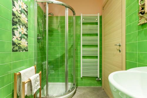 卡萨诺韦Malpensa Garden的绿色瓷砖浴室设有淋浴和水槽