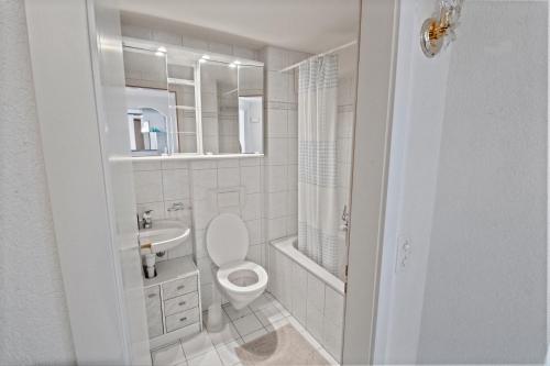 圣金戈尔夫Splendide logement avec vue plongeante sur le lac的白色的浴室设有卫生间和水槽。