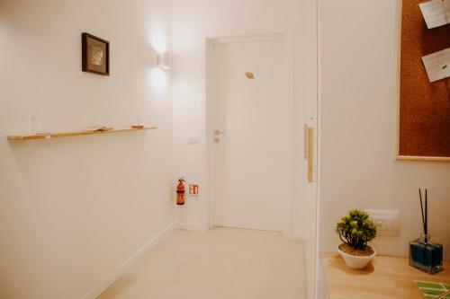 泰拉奇纳PETRARCA17 Guest house a due passi dal mare的一条带白色门和植物的走廊