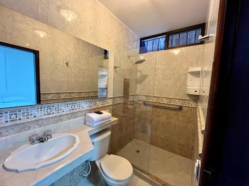 卡塔赫纳Hostal Boutique Casa Pere的一间带水槽、卫生间和淋浴的浴室
