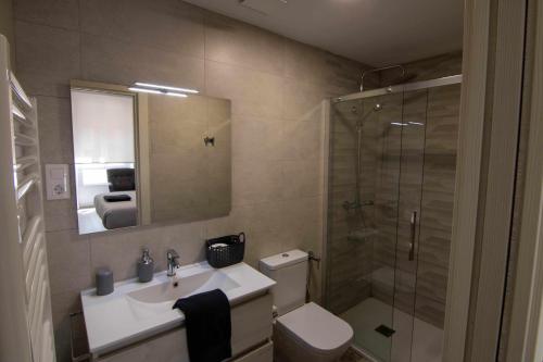 莱昂Suite estocolmo的浴室配有卫生间、盥洗盆和淋浴。