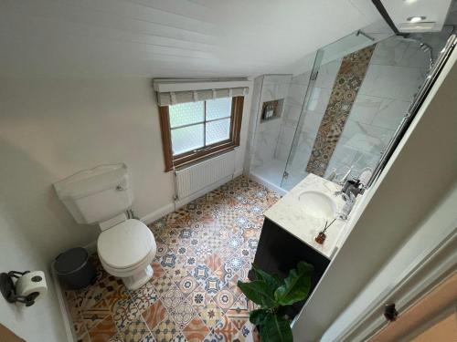 布里奇诺斯The Railway Cottage Bridgnorth的浴室配有卫生间、淋浴和盥洗盆。