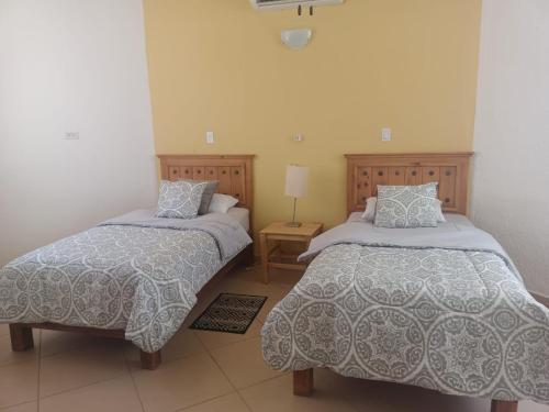 拉巴斯GoBaja Villas 3 bedroom的一间卧室配有两张床和一张带台灯的桌子