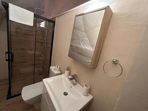 卡亚克Luvinn Kayaköy的一间带水槽、卫生间和镜子的浴室