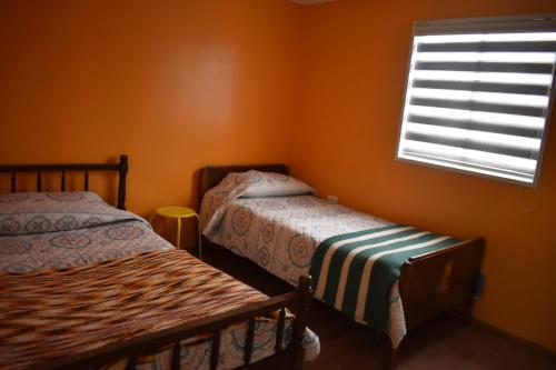 瓦尔迪维亚CABAÑA 2 TINAJA-PISCINA-QUINCHO的一间卧室设有两张床和窗户。