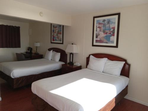 布鲁金斯蓝色海岸套房酒店的酒店客房,配有两张带白色床单的床