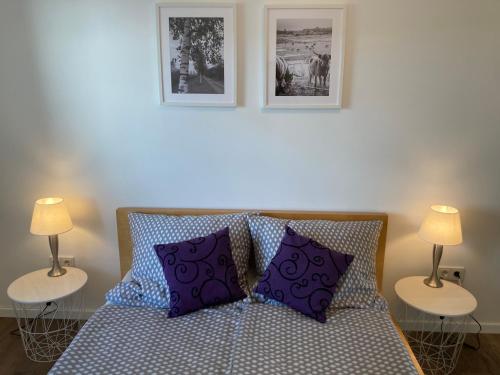 韦策Ferienwohnung Heeser Birkenhof - Urlaub auf dem Bauernhof mit Blick ins Grüne的一间卧室配有一张带紫色枕头的床和两盏灯。