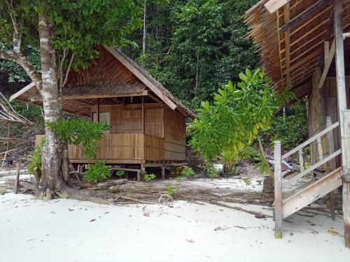 Yennanas BesirYenrou Homestay的海滩上的木房子,有树