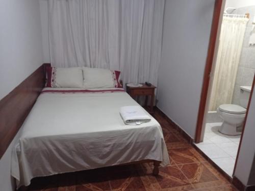 普卡尔帕Casa del Huesped - Guest House的一间小卧室,配有一张床和一个卫生间