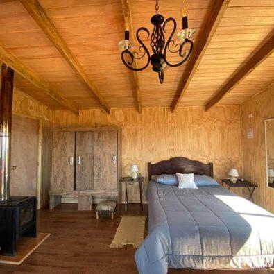 瓦尔迪维亚Lomas de Riñihue para 2p的一间卧室配有一张床和一个吊灯