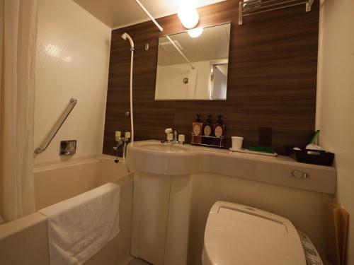东京东京阿佐谷路线客栈酒店（原亚米斯塔阿佐谷酒店）的一间带水槽、卫生间和镜子的浴室