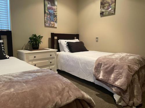 AlbanyMaddisons Garden Guest Suite - Coatesville的卧室配有两张床、梳妆台和植物