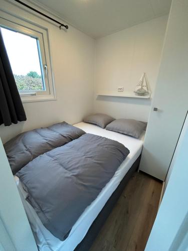 艾默伊登Tiny House in de duinen van IJmuiden aan Zee的一间卧室设有一张大床和一个窗户。