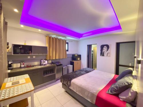 勒唐蓬Hostal 170 Room 14 Service Appartement的一间卧室设有一张大床和一个紫色的天花板