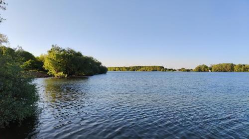 UzlinaHotel plutitor Sofia-Maria的一边有树木的大湖