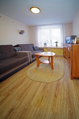 卡尔帕奇Centrum Karkonoszy的客厅配有桌子和沙发