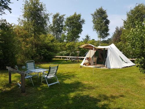 内斯Ameland tentenverhuur Ameland的院子里的帐篷和桌椅