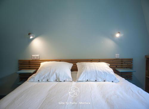 莫尔莱Ty Puns - Gîte écoresponsable dans un espace verdoyant en centre-ville的一间卧室配有带2个枕头的床