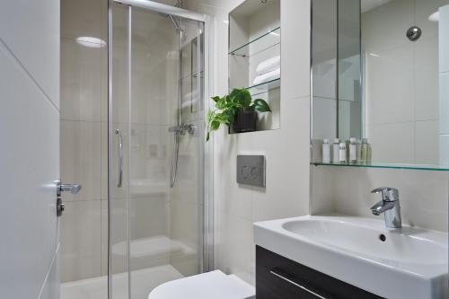 伦敦Wembley Stadium by Viridian Apartments的带淋浴、盥洗盆和卫生间的浴室