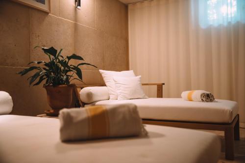 滨海圣帕莱Hôtel Hemen的一间设有两张床和盆栽的房间