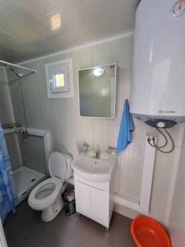 希典Бунгало РАФИ в къмпинг Атлиман - гр. Китен的一间带卫生间和水槽的小浴室