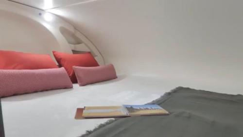 法鲁Portugals Infinity - AutoCaravana Luxo的一本书坐在床上,上面有枕头