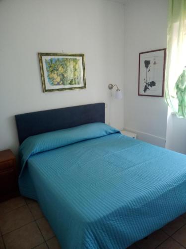 菲乌吉Fiuggi Appartamento Turistico的卧室内的一张带蓝色床罩的床