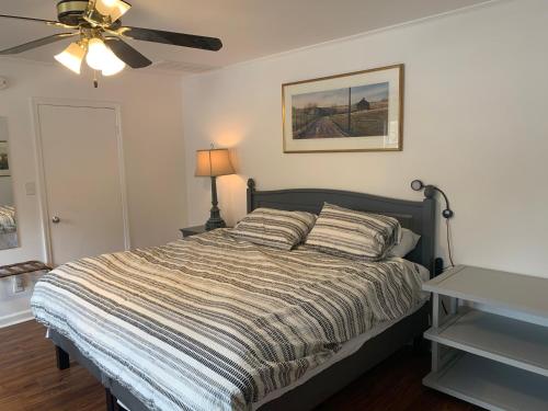 夏洛特Briar Creek Rd bnb的一间卧室配有一张床和吊扇