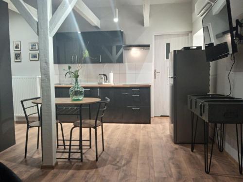 索斯诺维茨Apartamenty Wiejska 126的厨房配有桌椅和冰箱。