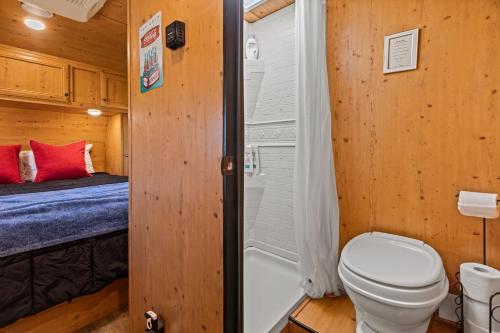 约书亚树JT Village Campground - Sun Ray的一间带卫生间和淋浴的浴室以及一张床