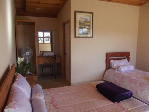 恩塞纳达港Casa Campo Rancho Villarino的一间卧室配有两张床和一张带风扇的书桌。