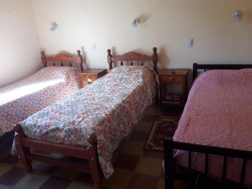 圣萨尔瓦多德朱La Primavera的一间卧室配有两张床和一张带床垫的桌子。