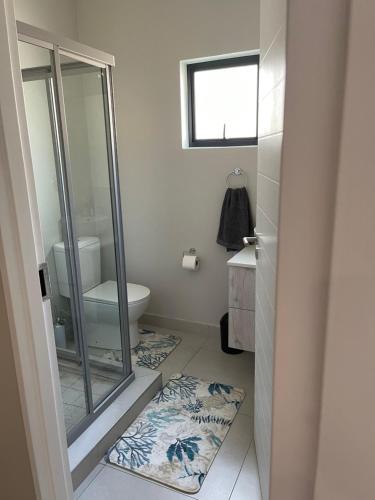 米德兰Lovely Cozy Apartment的一间带玻璃淋浴和卫生间的浴室