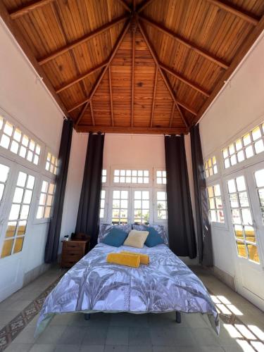 大加那利岛拉斯帕尔马斯CoLiving Villa Brasil的一间卧室设有一张带木制天花板的大床