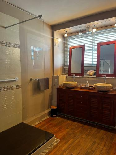 土伦Le marin的一间带两个水槽和玻璃淋浴间的浴室