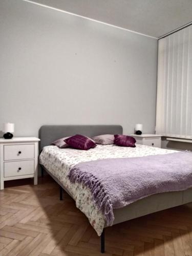 华沙ToTuToTam的一间卧室配有一张带两个紫色枕头的床