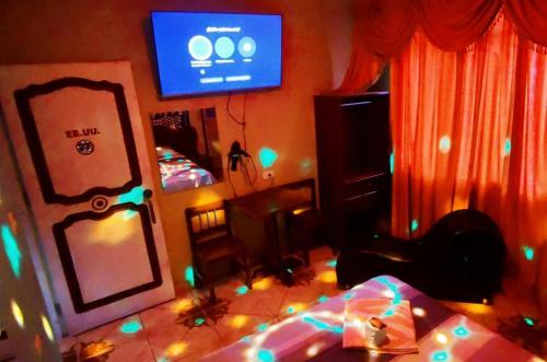 廷戈玛丽亚HOSPEDAJE EL CANTARO的一间卧室配有电视和一张带圣诞灯的床