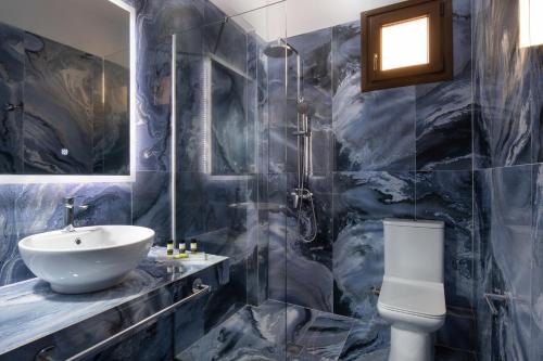 阿菲托斯VagAthan - Lux Holidays的蓝色瓷砖浴室设有水槽和卫生间