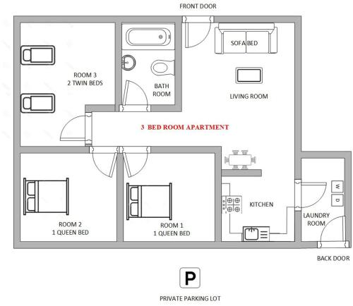 佩吉1 or 3 Bedroom Apartment with Full Kitchen的一个小房子的平面图